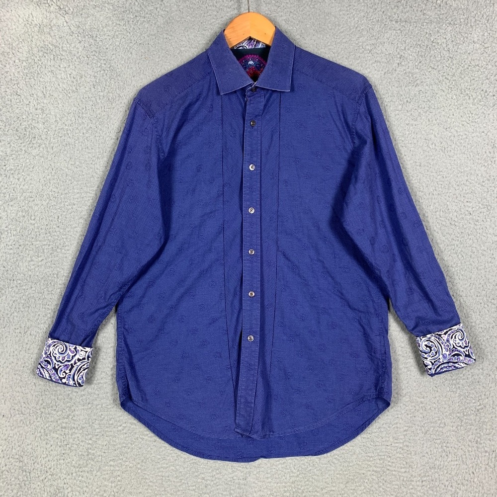 Robert Graham Button-up Shirt Men's‎ Medium M Blue Micro Check Paisley Flip Cuff